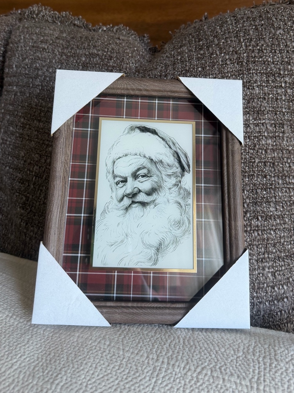 Hobby Lobby Santa Portrait in Brown Frame with Red Plaid Mat